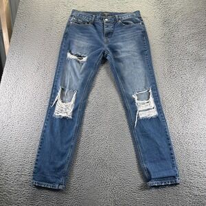 Forever Jeans Mens 34x32 Blue Cotton Denim Straight Distressed Faded Button Fly